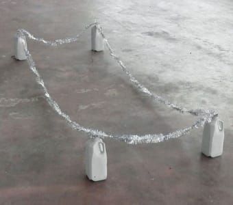 Artwork Title: untitled Plot (milk jugs, silver tinsel)