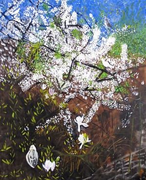 Artwork Title: White Doves and Cherry Trees