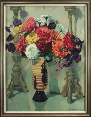 Artwork Title: Zinnias with Candlesticks