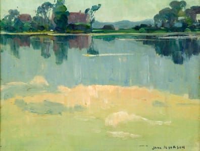 Artwork Title: View Of Pond With Trees And Distant Mountains, Oil On Canvas