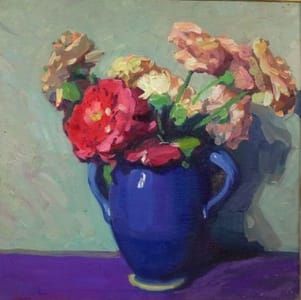 Artwork Title: Pink Zinnias in a Blue Jug