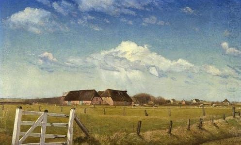 Artwork Title: Fenced in Pastures by a Farm with a Stork’s Nest on the Roof