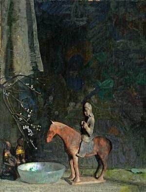 Artwork Title: Still Life of an Oriental Figure on Horse, Iridescent Glass Bowl, and Smaller Figures on a Table