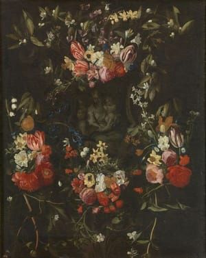 Artwork Title: Guirnalda De Flores Con La Virgen, El Niño Y San Juan