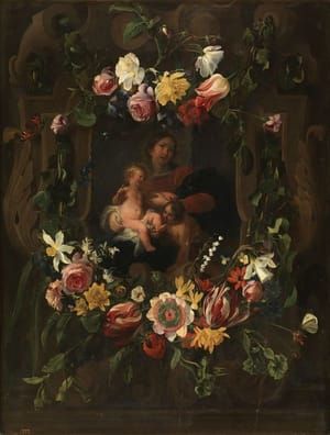 Artwork Title: Guirnalda Con La Virgen, El Niño Y San Juan