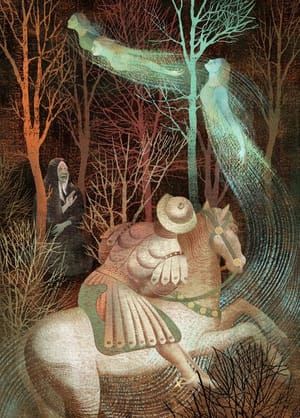 Artwork Title: In the woods, a Knight in King Arthur's time sees…