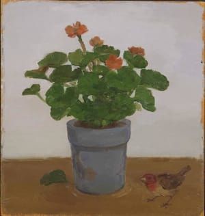 Artwork Title: Geranium in Blue Pot with Fallen Leaf and Bird