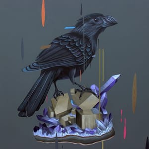 Artwork Title: Groove Billed Ani with Pyrite and Quartz