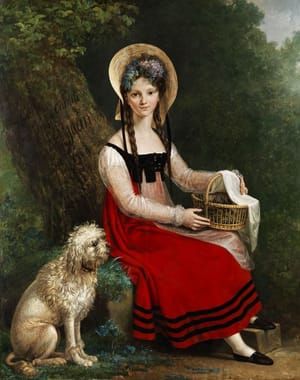 Artwork Title: Junges Mädchen mit Pudel auf einer Rasenbank