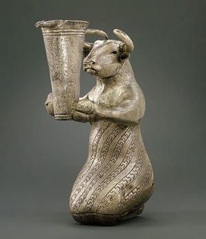 Artwork Title: Kneeling Bull Holding Spouted Vessel. Proto-Elamite; Susa, Iran; 3100-2850 BCE