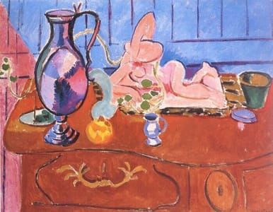 Artwork Title: Pink Statuette and Jug on a Red Chest of Drawers