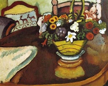 Artwork Title: Still Life with Stag Cushion and Flowers