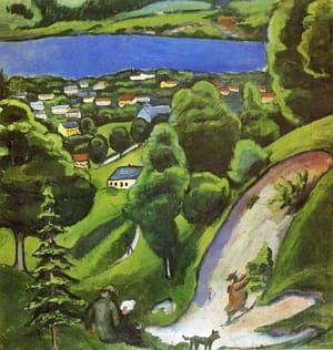 Artwork Title: Tegernsee Landscape with Man Reading and Dog
