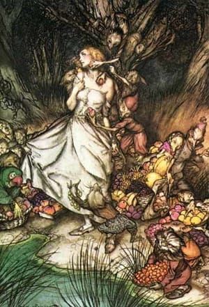 Artwork Title: Goblin Market - White and golden Lizzie stood