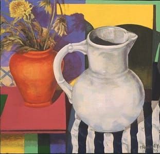 Artwork Title: White Pitcher with Small Orange Vase
