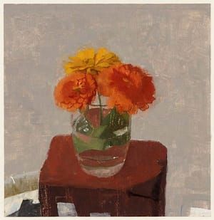 Artwork Title: Three Zinnias in a Glass of Water