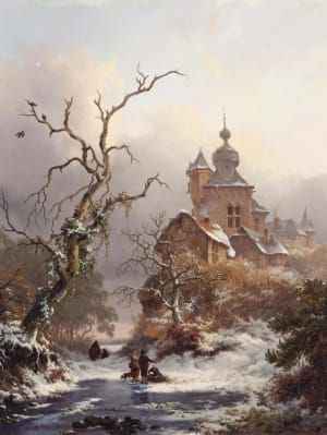 Artwork Title: An idyllic winter scene with woodgatherers near a castle