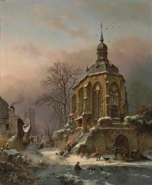 Artwork Title: Figures at work in a winter landscape, an approaching storm beyond