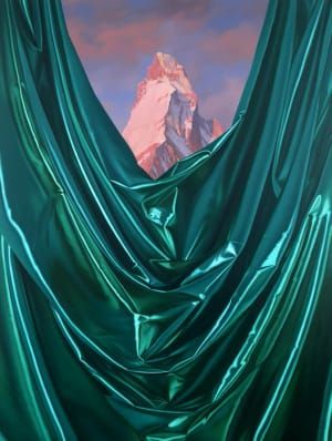 Artwork Title: Metallic Teal Green Fabric with Landscape (after Bierstadt)