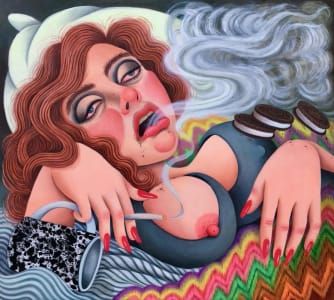 Artwork Title: Self-Portrait as Bernini's Ecstasy of Saint Teresa, Face Unwashed, Smoking and Eating Oreos in Bed